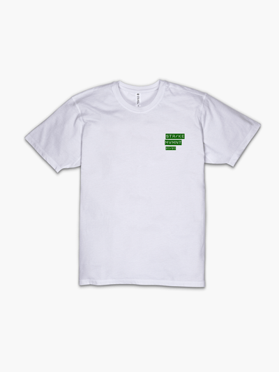 Strike Movement Timeless Vented T-Shirt with 20/20 Vision print in Classic White and Green front view