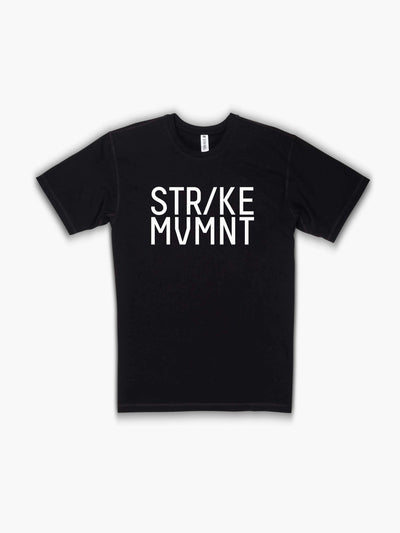 Strike Movement Men’s Timeless Vented T-Shirt with Corp Stack print in Phantom Black and Classic White front view