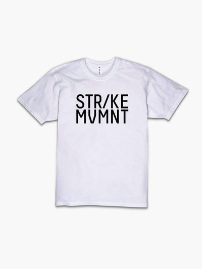 STRIKE MVMNT Men’s Timeless Vented Tee with Corp Stack print in Classic White and Black front view
