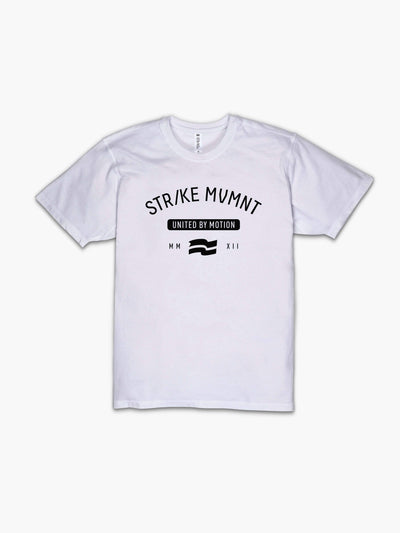 Strike Movement Timeless Vented Tee with United By Motion print in Classic White and Black front view
